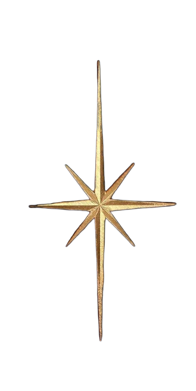 A gold star-shaped ornament with multiple points, set against a black background.