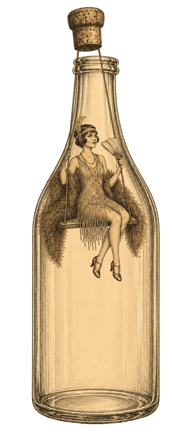 Vintage illustration of a woman with wings swinging inside a bottle, holding a fan.