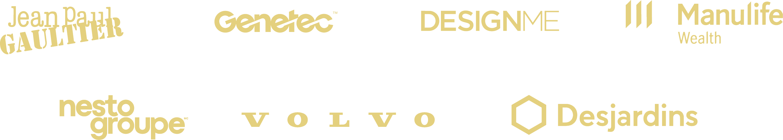 Collection of logos of various brands and companies, including Jean Paul Gaultier, Generics, DESIGNME, Manulife, Hesto Groupe, Volvo, and Desjardins.