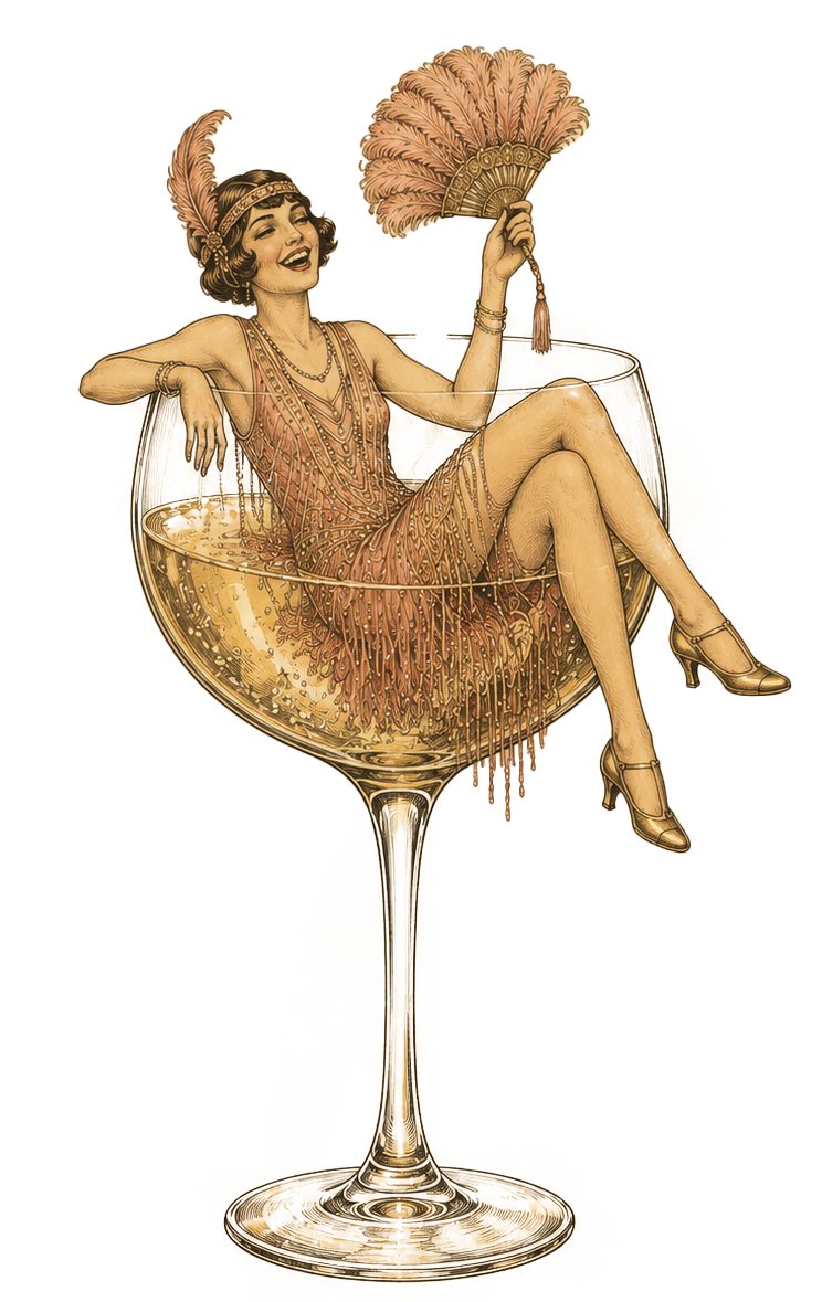 A vintage-style illustration of a woman dressed in glamorous 1920s attire, sitting inside a large wine glass, holding a feathered fan, and smiling.