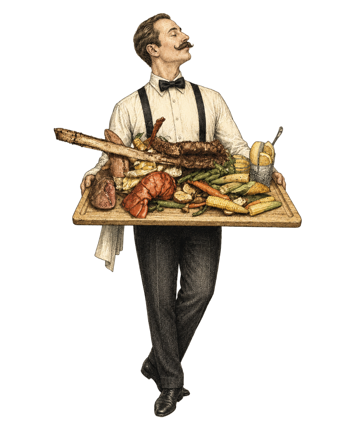 A vintage illustration of a waiter in a tuxedo with a bow tie and suspenders, carrying a large wooden tray filled with various cooked foods including grilled steak, lobster, corn, green beans, carrots, and a glass of lemonade with lemon slices.