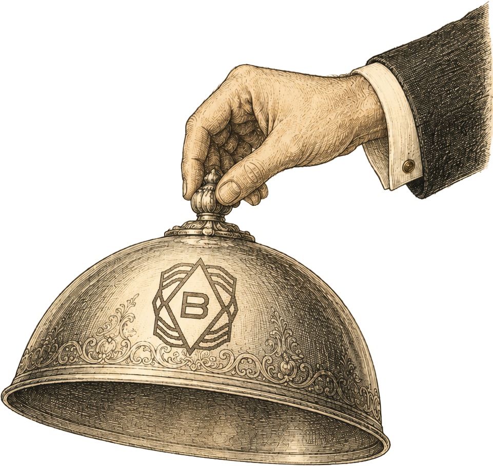 A vintage illustration of a hand in a suit holding a bell, labeled with the initials 'B B' and surrounded by ornate decorations.