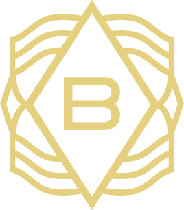 A black and gold logo featuring a central diamond shape with a letter 'B' inside, surrounded by symmetrical decorative lines.