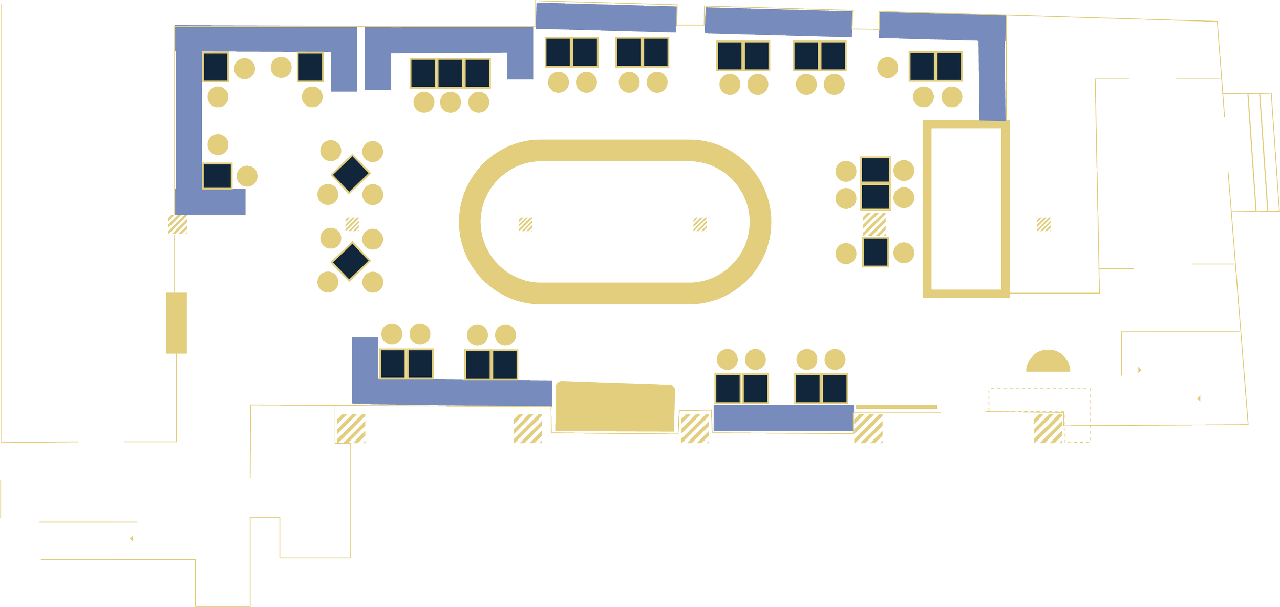 A detailed architectural floor plan of a building with multiple rooms, seating areas, and an oval track in the center, using shades of blue, yellow, and black for different elements.