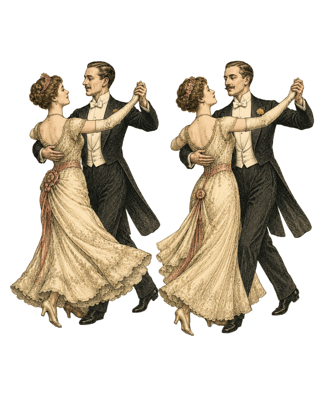 Vintage illustration of a couple dancing, dressed in 19th-century formal attire, with the woman in an elegant gown and the man in a tuxedo.