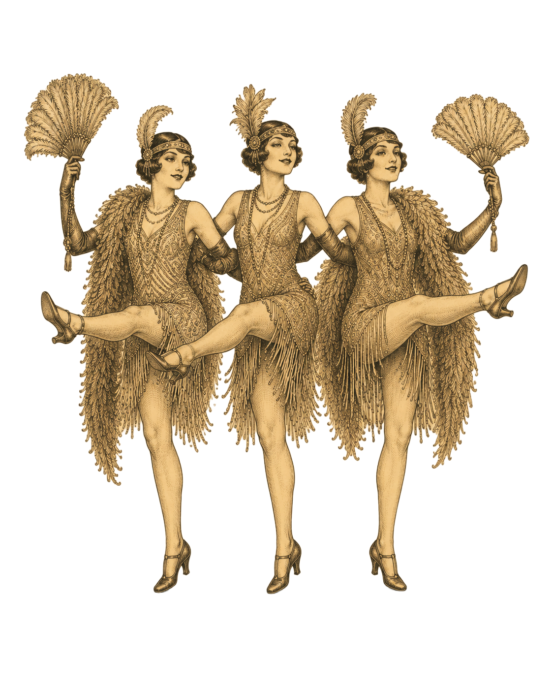 Vintage illustration of three women dressed as flapper dancers in 1920s attire, holding feather fans and performing a dance pose.