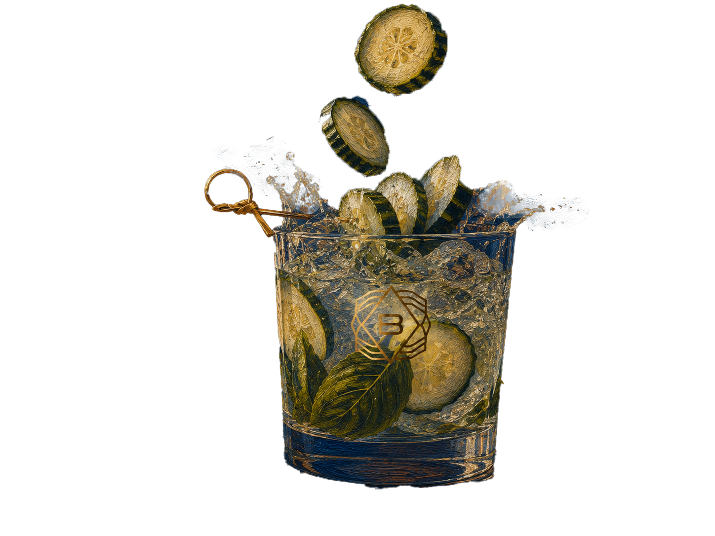 A glass of water with cucumber slices, mint leaves, and ice, with a lemon slice and mint leaves on the surface and around the glass, set on a dark surface with a dark blue background.