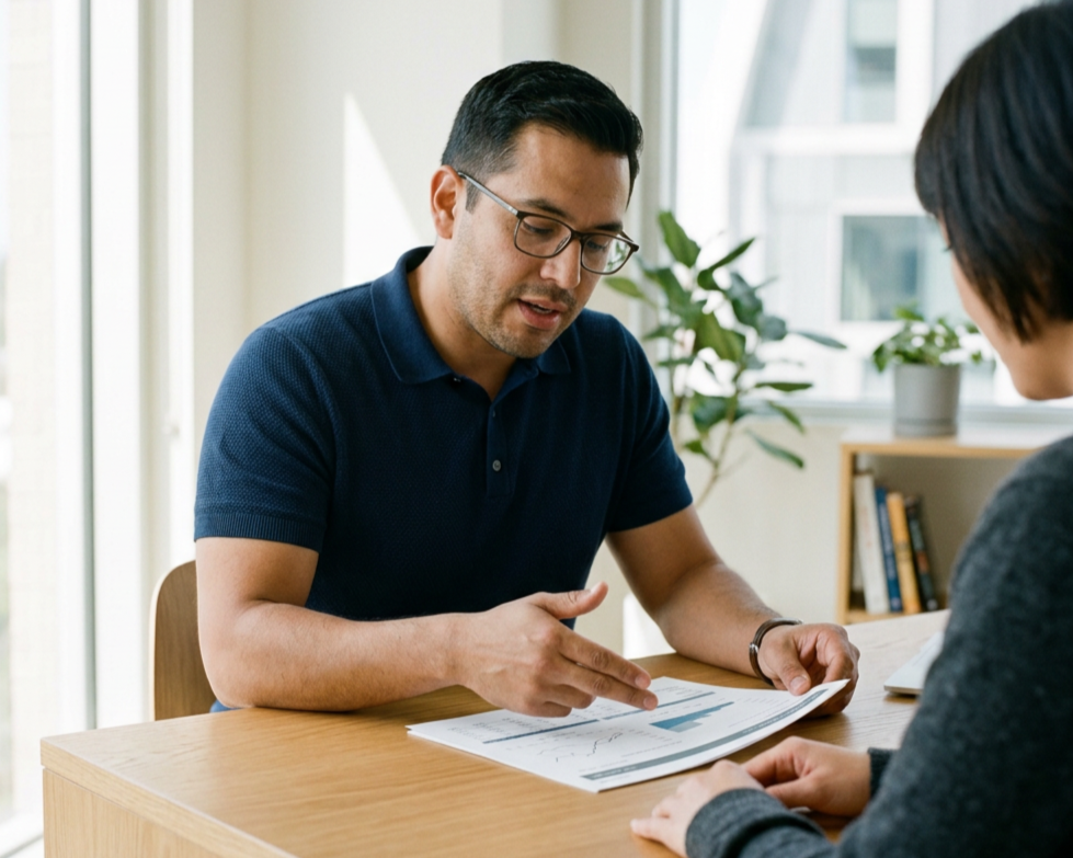 Man wearing glasses and a navy polo shirt points at documents on the table during a discussion with a woman, in a well-lit office with plants and books in the background.