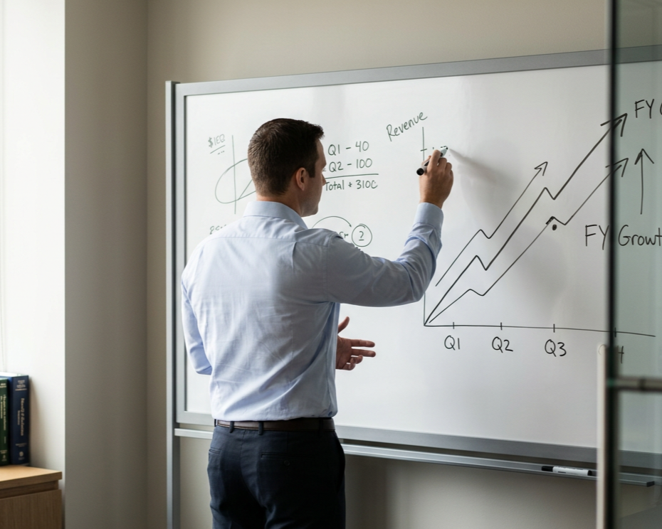 A man in a blue shirt writing on a whiteboard with a marker. The whiteboard has a graph showing increasing revenue over four quarters, with arrows and notes about fiscal year growth and quarterly performance.