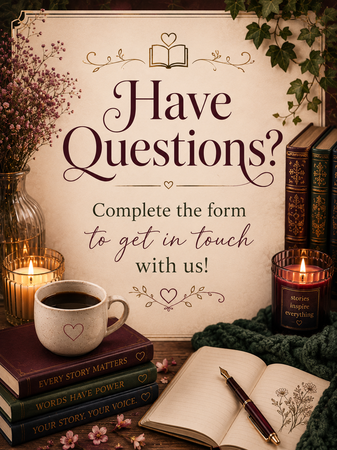A sign with the text 'Have Questions? Complete the form to get in touch with us!' surrounded by books, candles, a cup of coffee, a notebook with a pen, and flowers for a cozy, inviting setting.