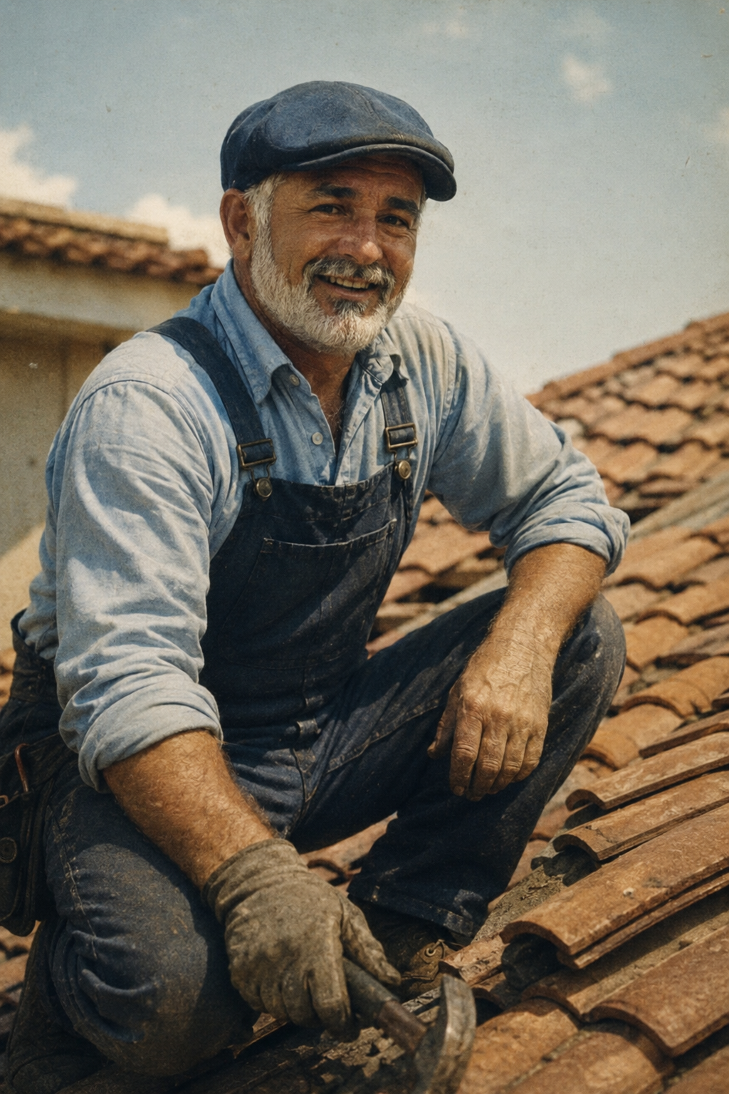 A happy man with a beard and gray hair, wearing a blue cap, denim shirt, and work overalls, smiles while repairing a tiled roof outside on a sunny day.