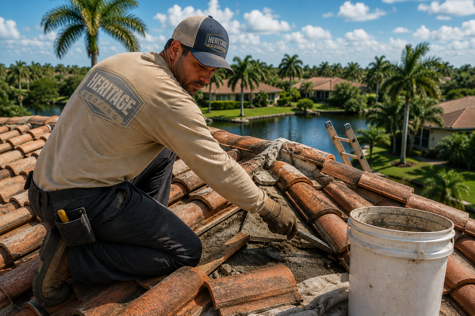 A worker on a roof, wearing a Heritage Roofing shirt and cap, is repairing tiles with a trowel and cement. A bucket of cement is nearby. The background shows a neighborhood with palm trees, houses, and a river.