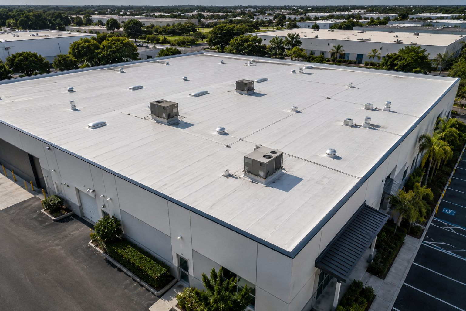 An aerial view of a large commercial building with a white flat roof, multiple HVAC units, vents, and skylights, surrounded by parking lots and green trees.