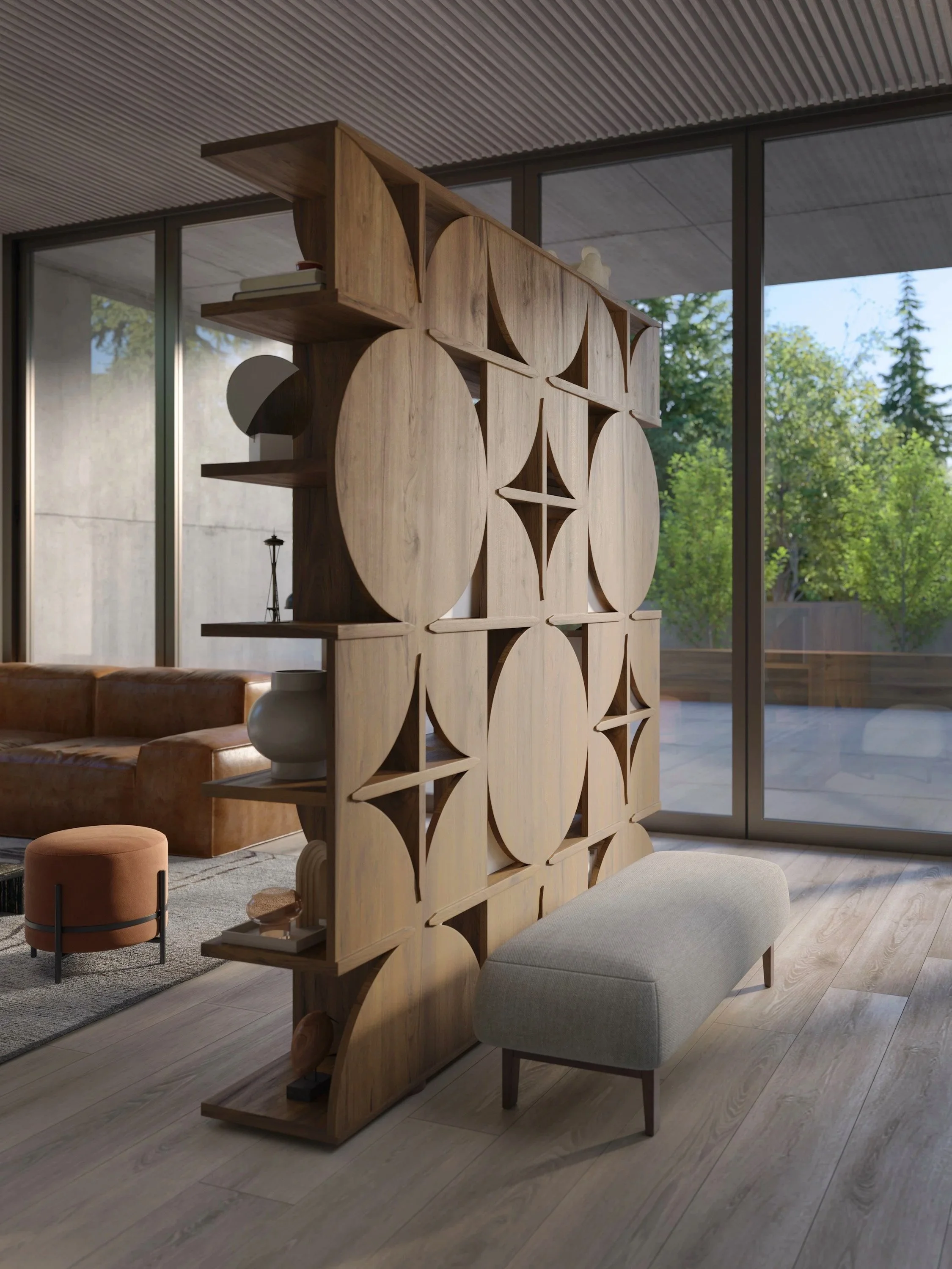 Modern interior with wooden room divider, beige upholstered bench, leather ottoman, grey armchair, living room with large glass windows and green trees outside.