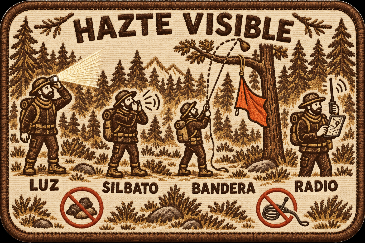Señalización con luz, silbato, bandera y radio, sin lanzar piedras ni improvisar antenas.