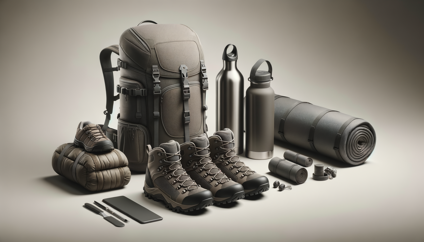 Equipo de camping y senderismo que incluye mochila grande, botella de agua metálica, colchoneta enrollada, botella de plástico, linterna, gafas, zapatillas de senderismo, termo, silbato, cuerda, linterna de mano, pluma, libreta y auriculares.
