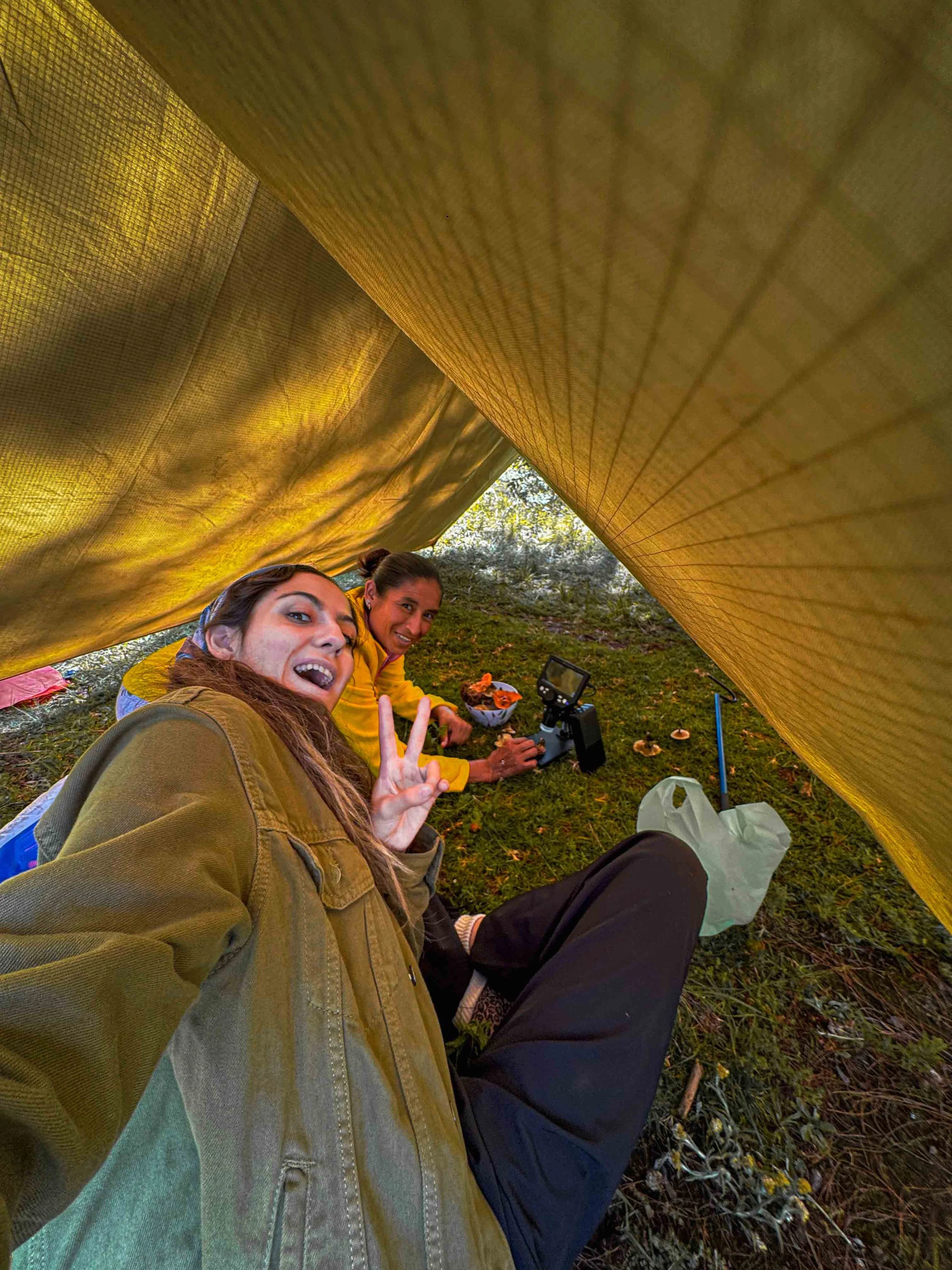 Biologa y anacatera observando hongos al microscopio y tomando una selfie en un campamento en el bosque, con una carpa de color amarillo