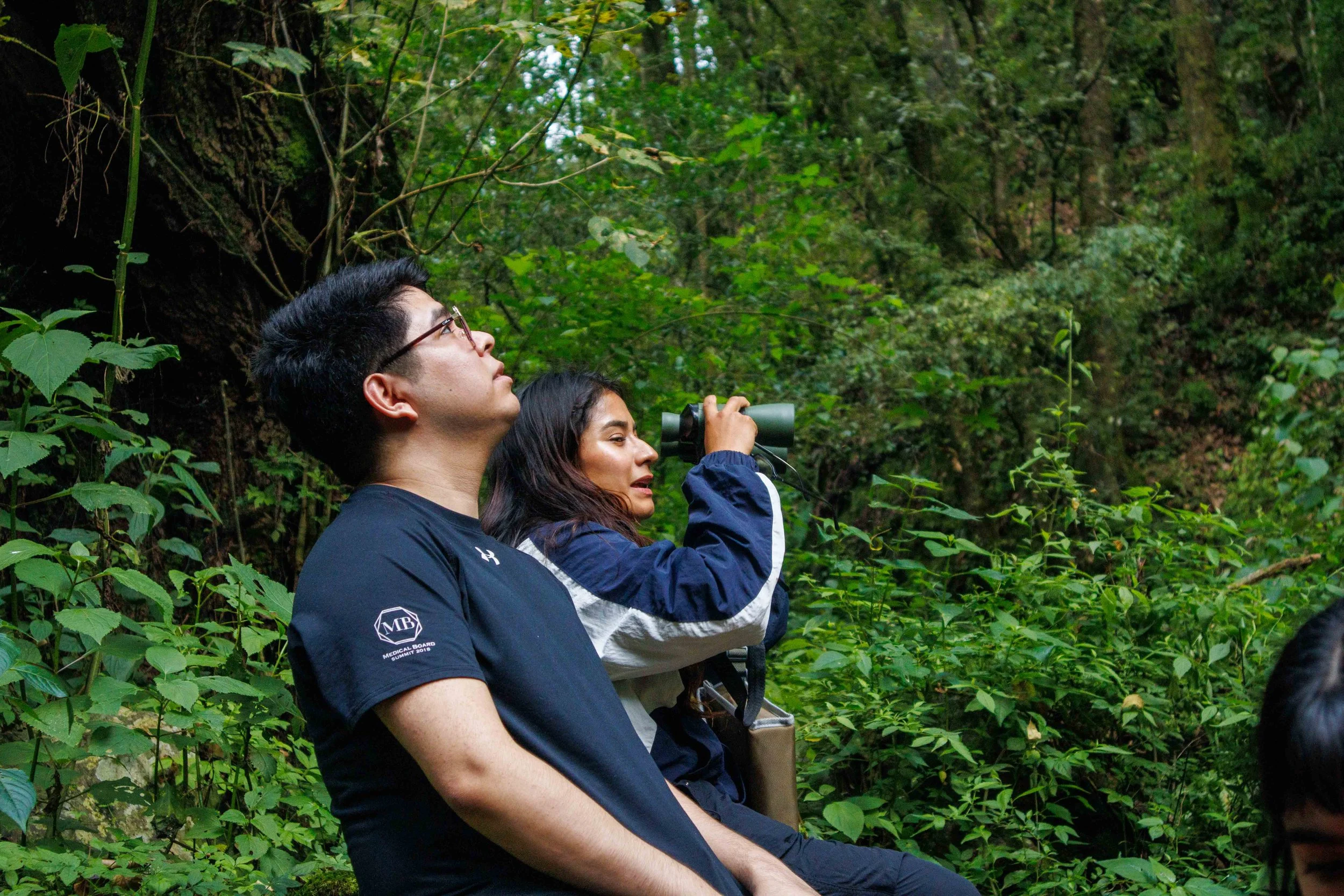Hombre y mujer observando la naturaleza en un bosque con binoculares