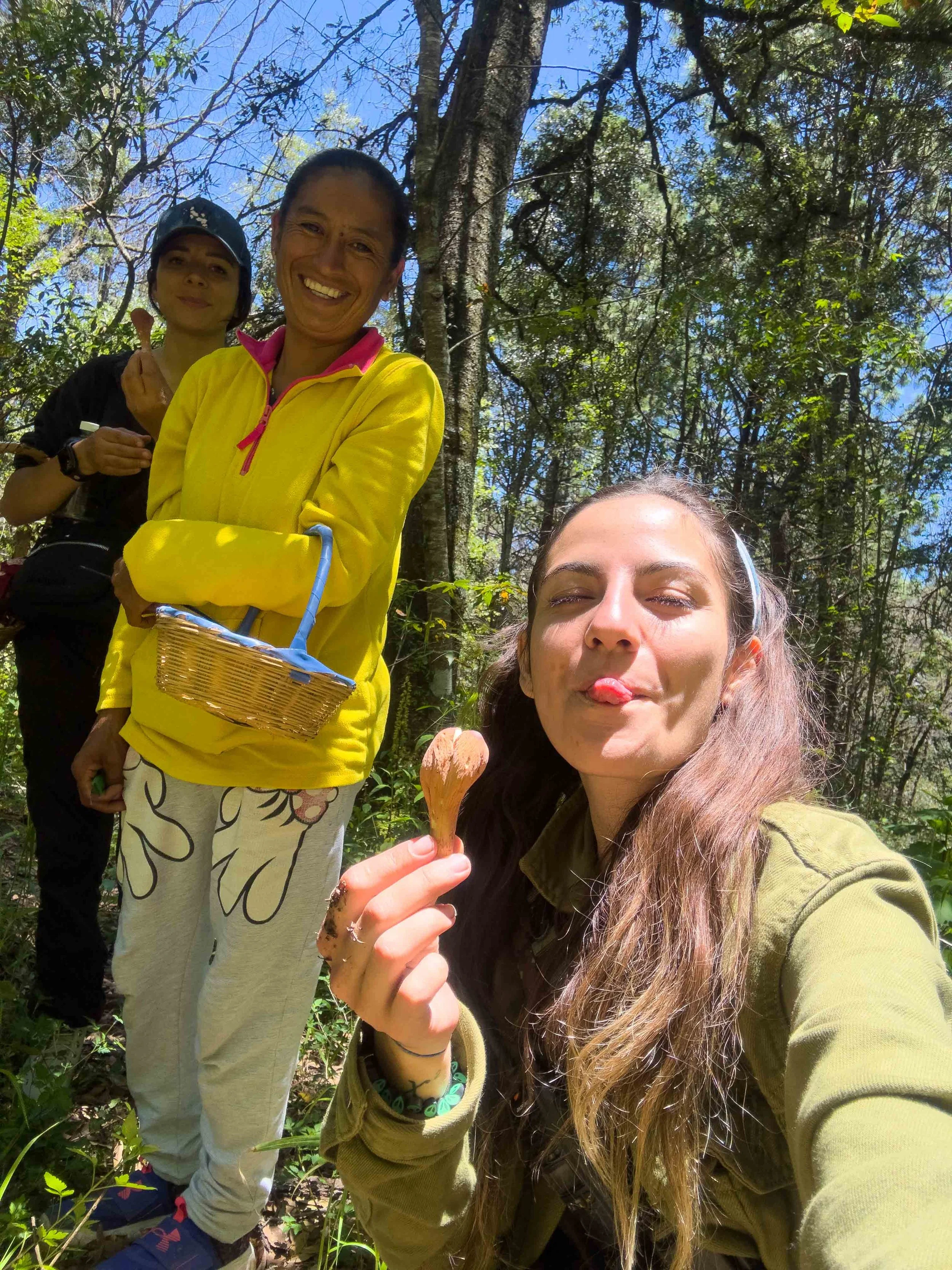 Grupo de cuatro personas en un bosque, una de ellas sosteniendo un hongo comestible en la comunidad de Tres  Cañadas, Omitlan. 