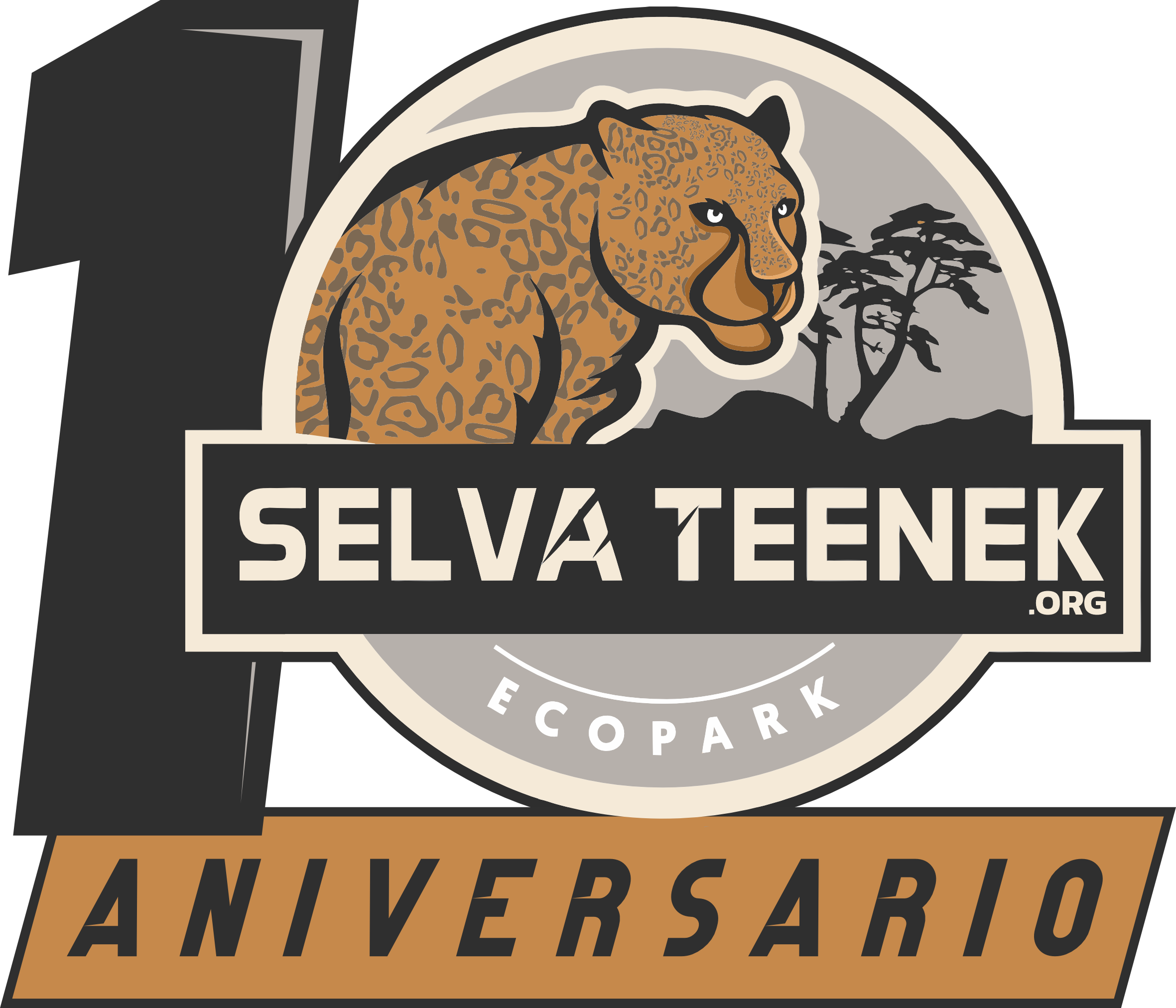 Logotipo circular que presenta la figura de un leopardo en tonos anaranjados y negros, con fondo gris y detalles en blanco y negro. Incluye el texto "Selva teenek" el cual es un centro de rescate y rehabilitación de fauna silvestre en la huasteca
