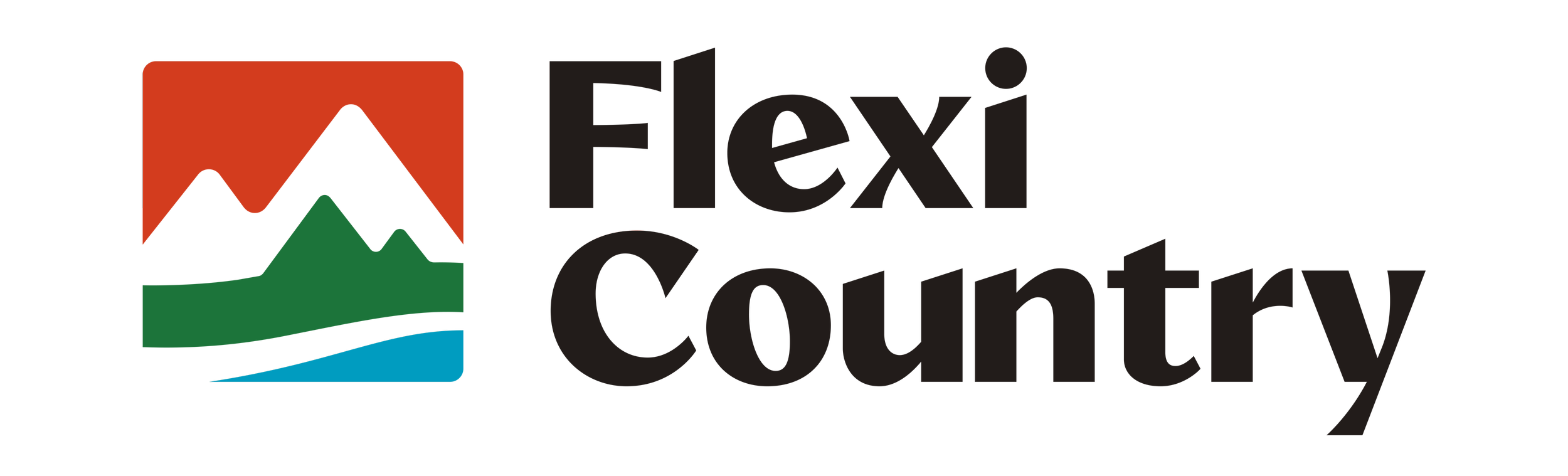 Logotipo de Flexi County con montañas, agua y un fondo naranja, verde y azul
