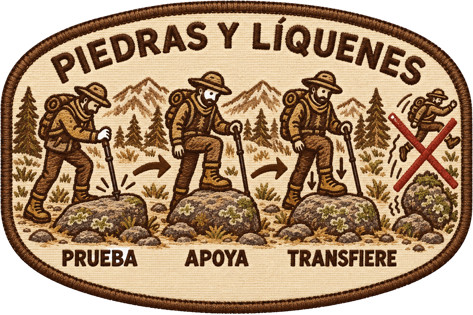 Prueba de una piedra con bastón, apoyo gradual y advertencia de que los líquenes no garantizan estabilidad.