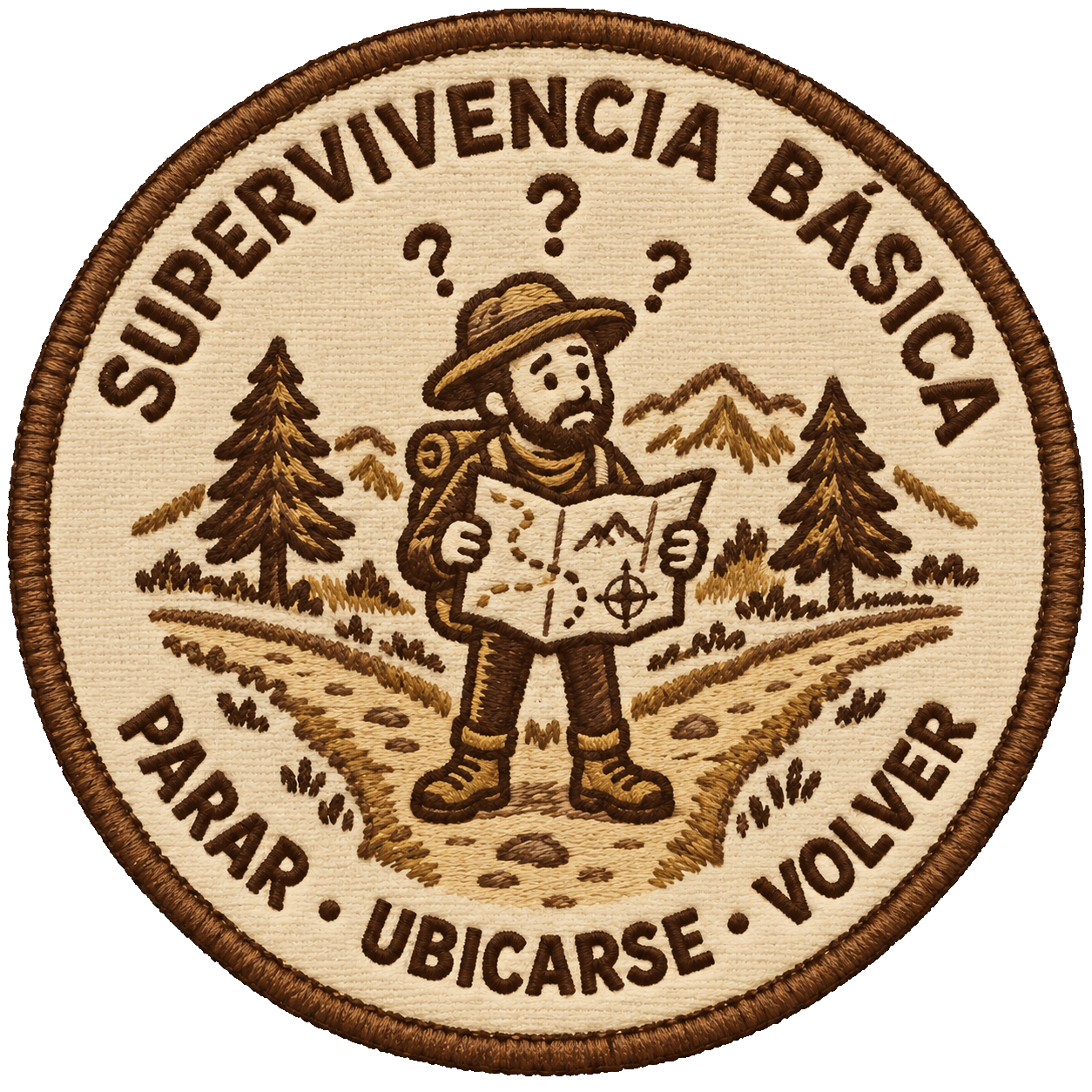 Parche circular bordado de un senderista perdido que consulta un mapa y se detiene para ubicarse.