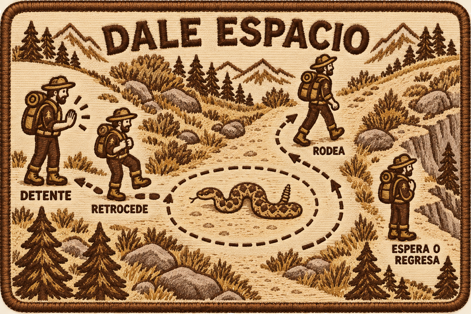 Senderista que mantiene distancia y rodea a una serpiente sin acorralarla.