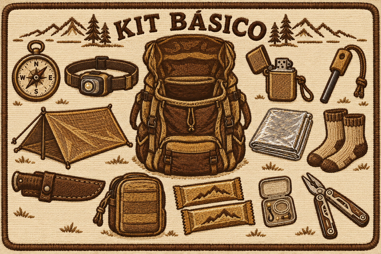 Kit básico de supervivencia con brújula, linterna, fuego, refugio, abrigo, cuchillo, botiquín, barras y multiherramienta.
