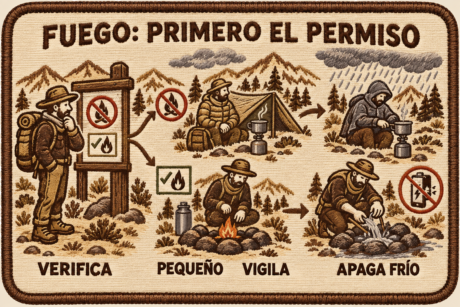 Fogata autorizada: verificar permiso, mantenerla pequeña, vigilar y apagar hasta que esté fría.