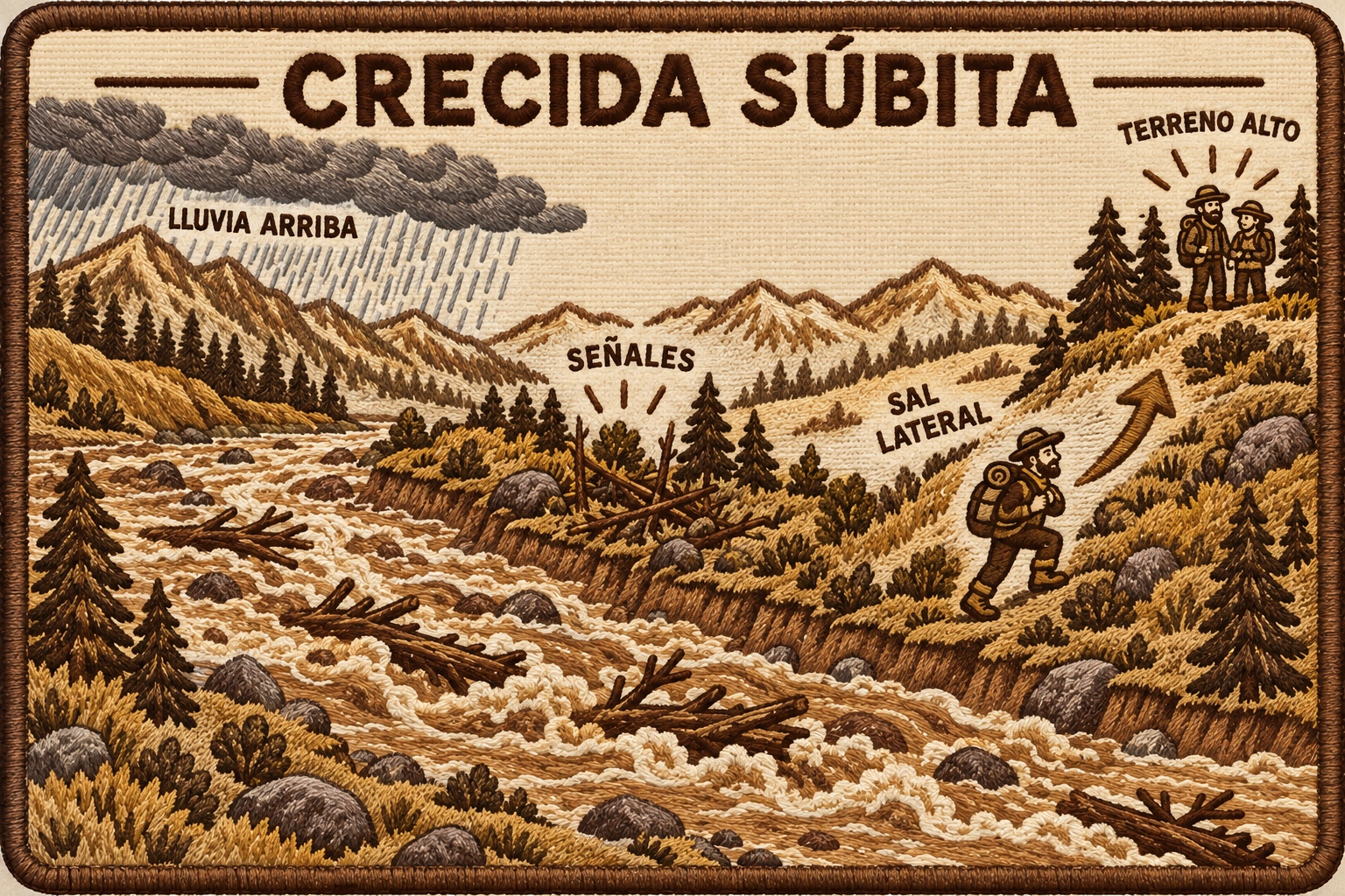 Diagrama de crecida de río: lluvia aguas arriba, señales y salida lateral hacia terreno alto.