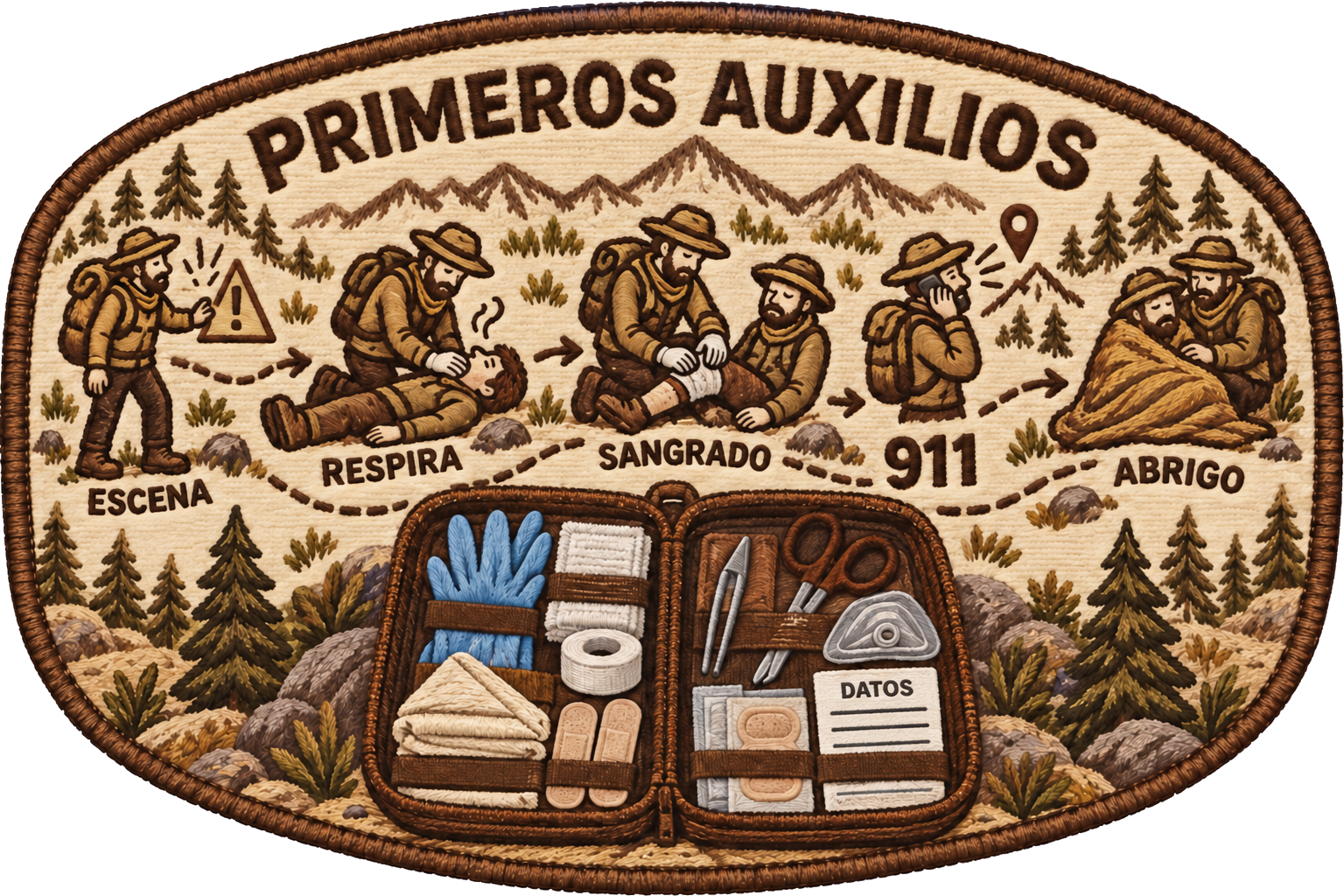 Prioridades de primeros auxilios y componentes de un botiquín básico de campo.