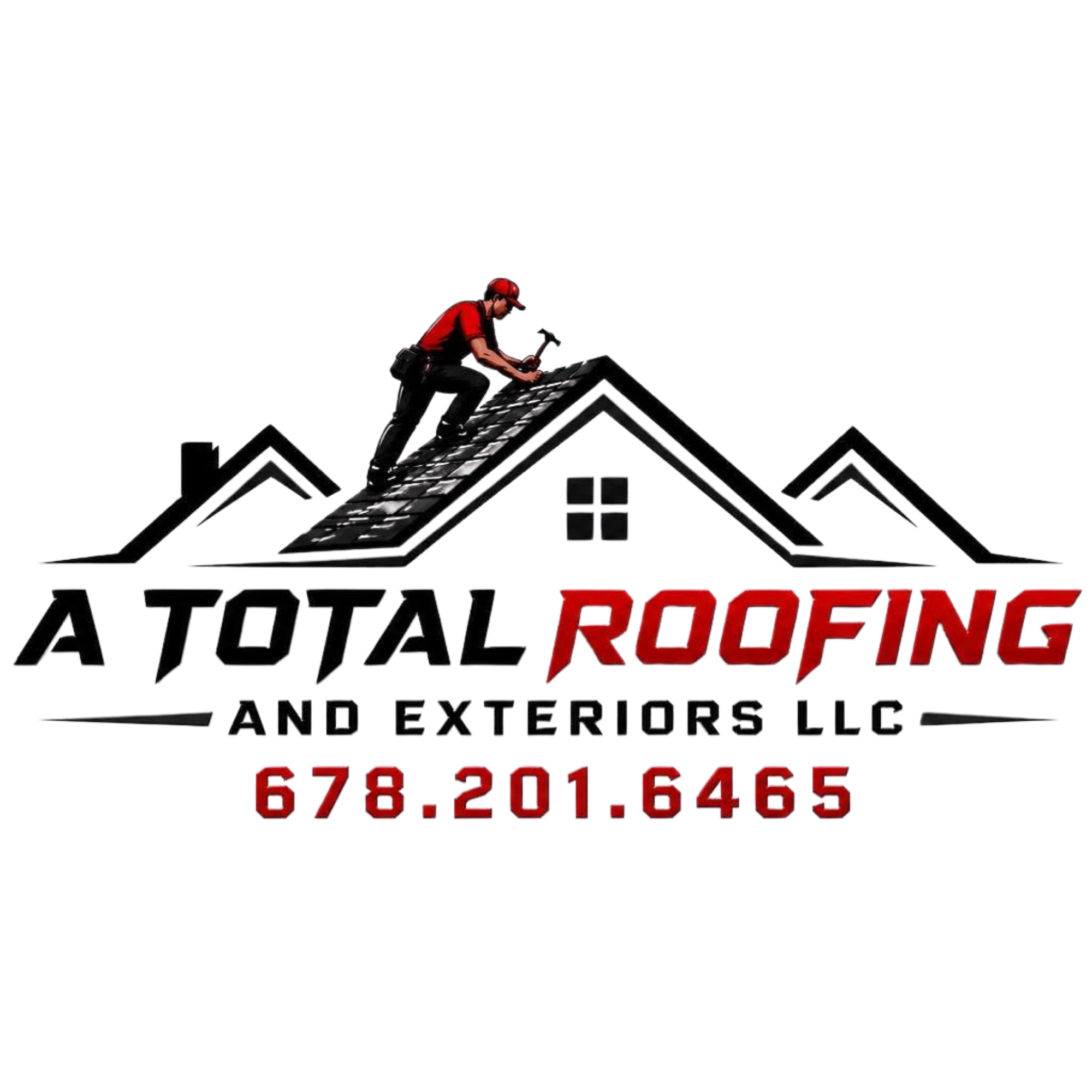Line drawing of a house with a man working on the roof. The house has a gabled roof with shingles, a chimney, and a small window. The man, wearing a red shirt and cap, is using a hammer, and the text around the image reads 'Roof Repair', 'Authorized', and a phone number.