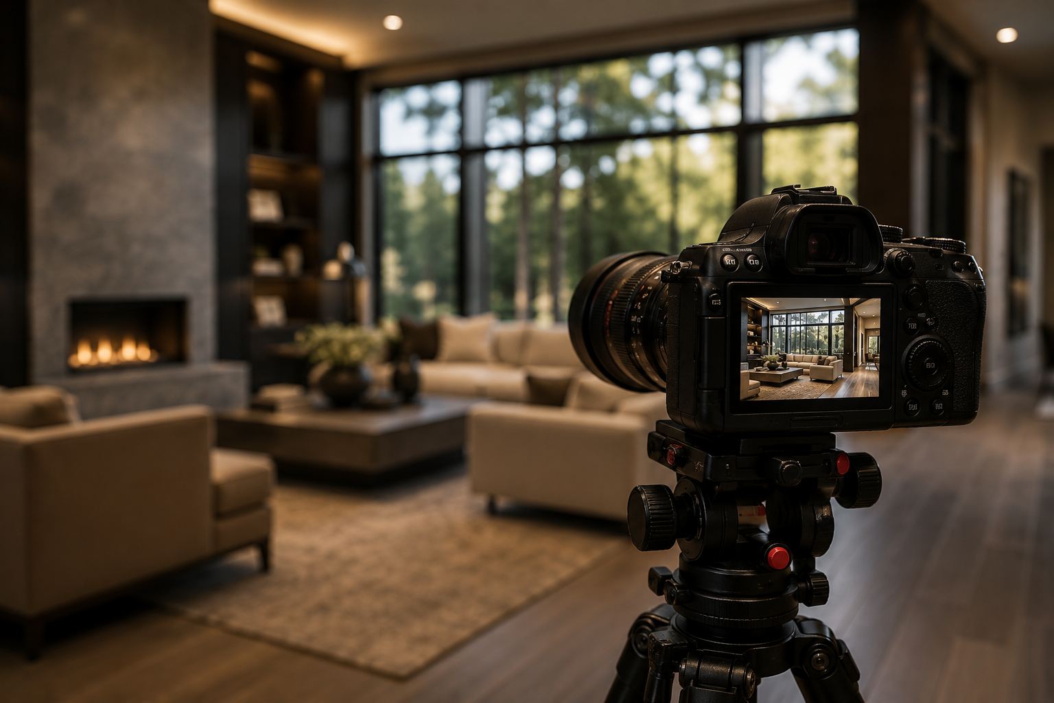 A professional camera on a tripod capturing a living room with large windows, a fireplace, sofas, and decor, viewed through the camera's screen.