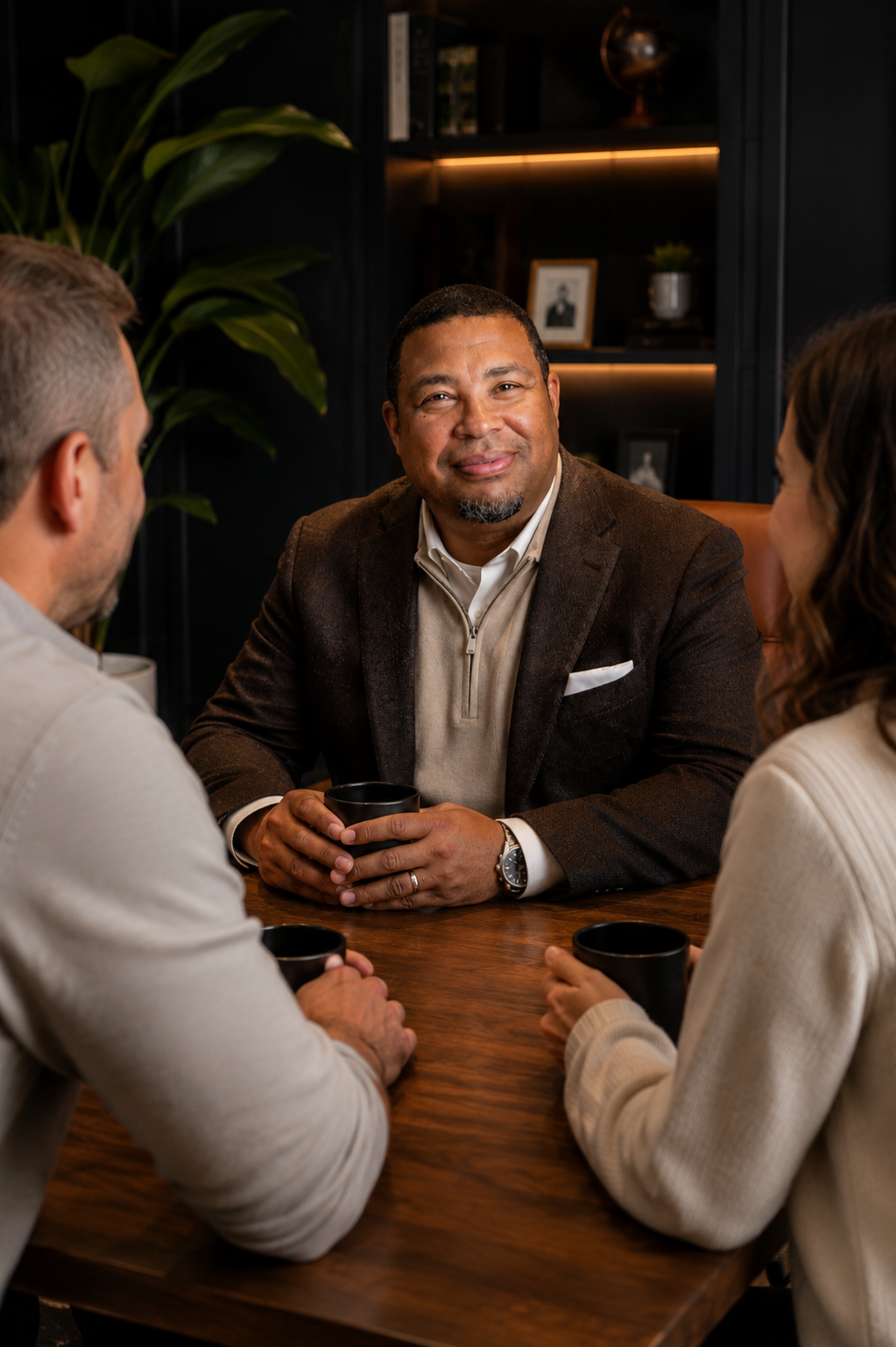 Three people sitting at a table, engaging in conversation, with a man in a brown suit at the center holding a black mug, in a room with dark walls, shelves, and plants.