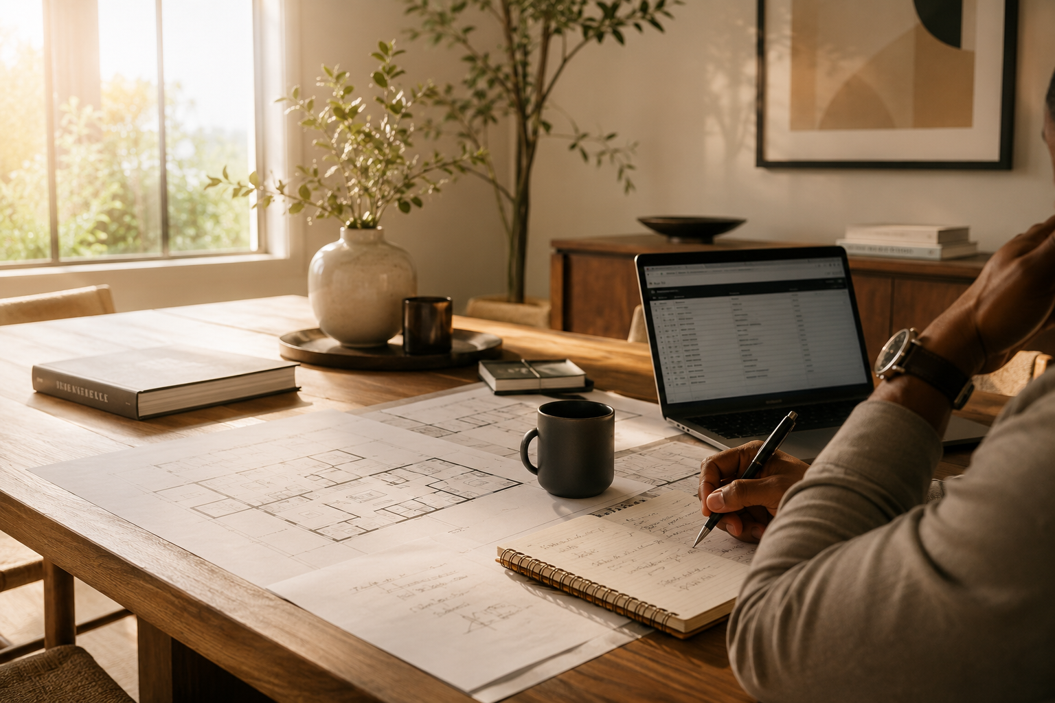 Person working on architectural plans and notes at a wooden dining table with a laptop, notebooks, and cups, near a window with sunlight.