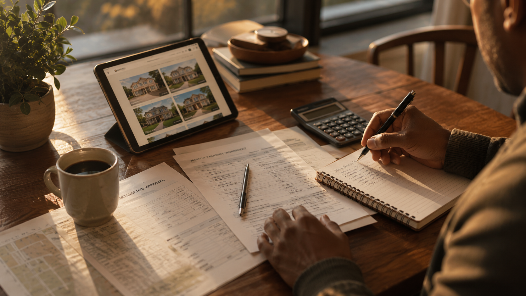 A person sitting at a wooden table, working with documents, a calculator, and a notebook, with a tablet displaying house listings in the background, a cup of coffee, a plant, and a stack of books near a large window.