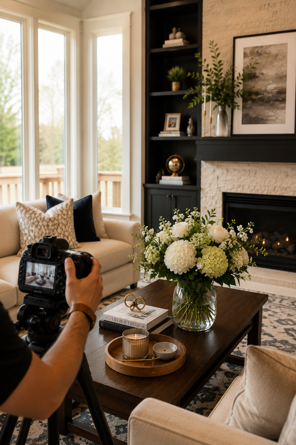 Person taking a photo of a living room with a bouquet of white flowers on a wooden table, a beige couch with patterned pillows, a fireplace, and shelves with decorative items and family photos.