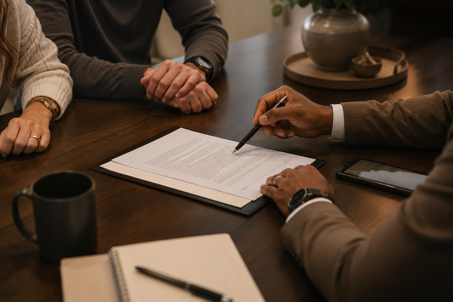 People in a business meeting reviewing a document at a wooden table with a pen, notebook, smartphone, mug, and decorative vase in the background.