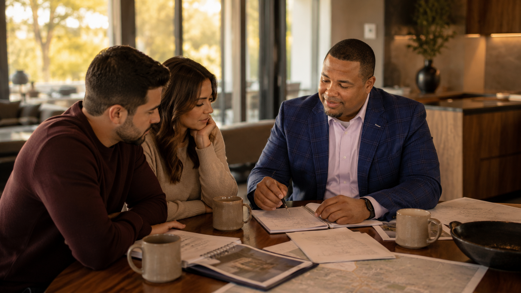 Three people, two men and one woman, are sitting at a table in a restaurant, looking at documents and maps, engaged in a discussion with a person who appears to be a consultant or advisor.