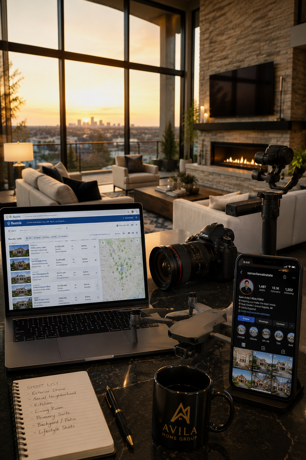 A luxury interior living room with large floor-to-ceiling windows showing a city skyline and sunset. Inside, there is a modern fireplace, a mounted TV, sofas, tables, and potted plants. In the foreground, a workspace includes a laptop displaying real estate listings, a DSLR camera, drone, smartphone, notebook with a to-do list, pen, and a mug with 'Avila Home Group' logo.