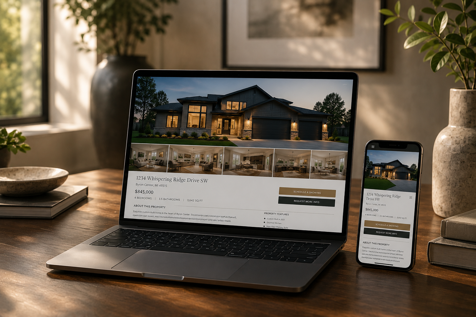 Laptop and smartphone showing a real estate listing for a house at 1234 Whispering Ridge Drive SW, Byron Center, MI 49315, priced at $845,000 with 4 bedrooms and 3.5 bathrooms.