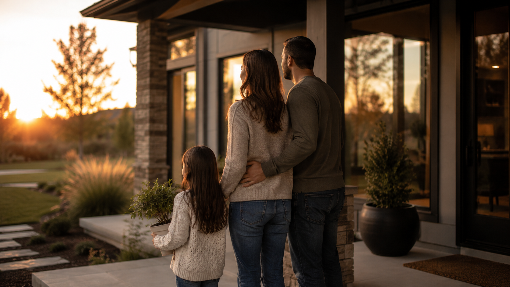 A family of three, including a woman, a man, and a young girl, standing on a porch and looking at the sunset outside a modern house, with trees and a garden in the background.