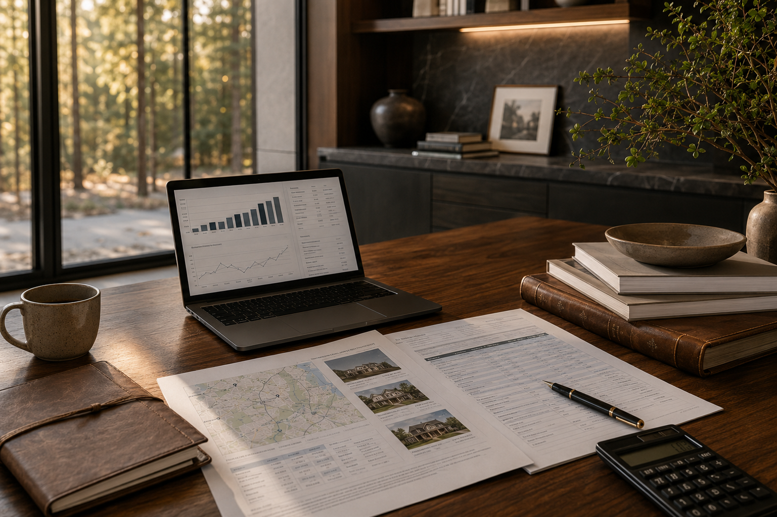 A wooden desk with financial documents, a laptop displaying graphs, a pen, a calculator, a coffee mug, and stacks of books in a modern workspace with a large window showing trees outside.