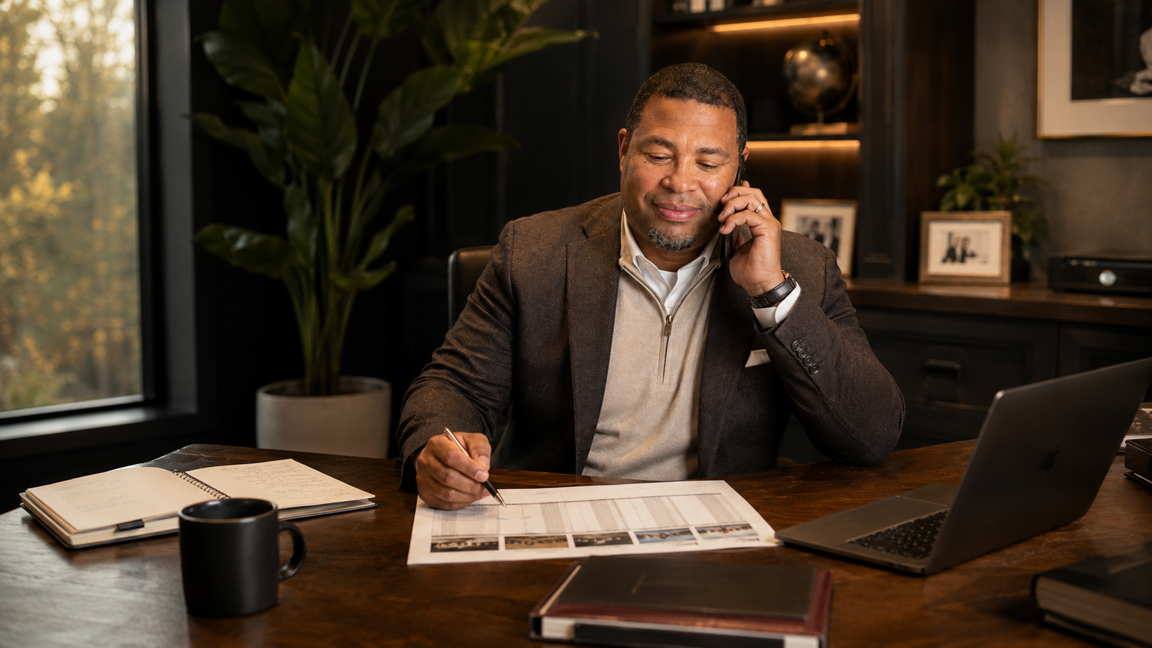 A man in a suit sitting at a desk, talking on a phone, with a laptop, a notebook, and papers in an office with a large window and plants in the background.