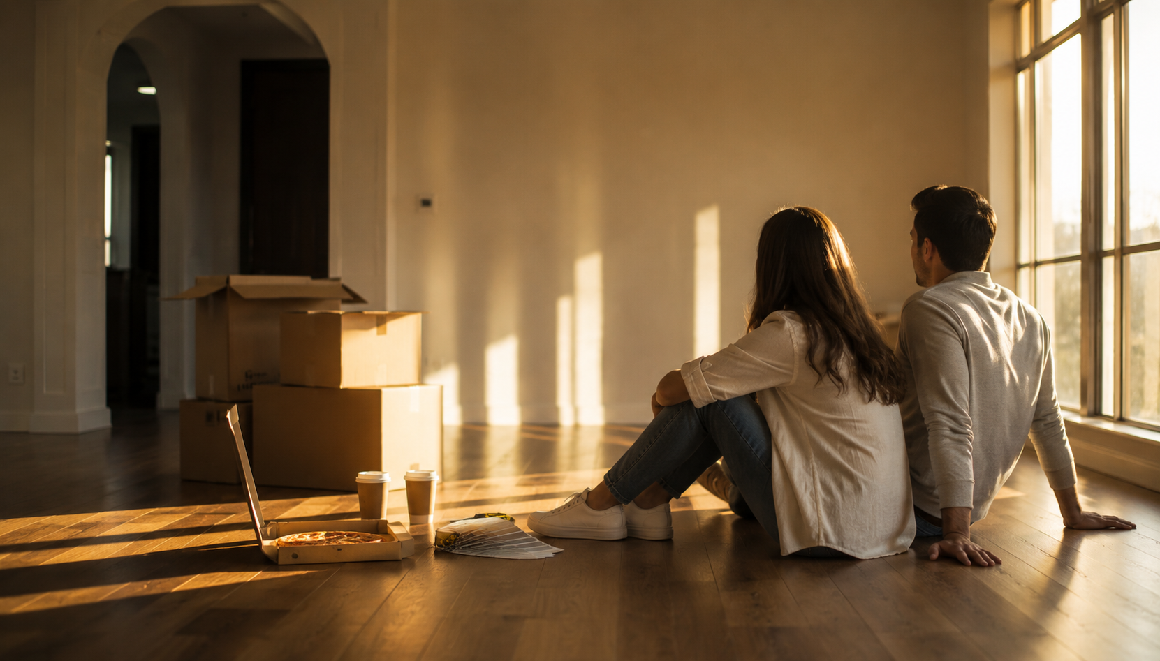 A couple sitting on the floor of a new home, with moving boxes nearby, eating pizza and drinking coffee during sunset.
