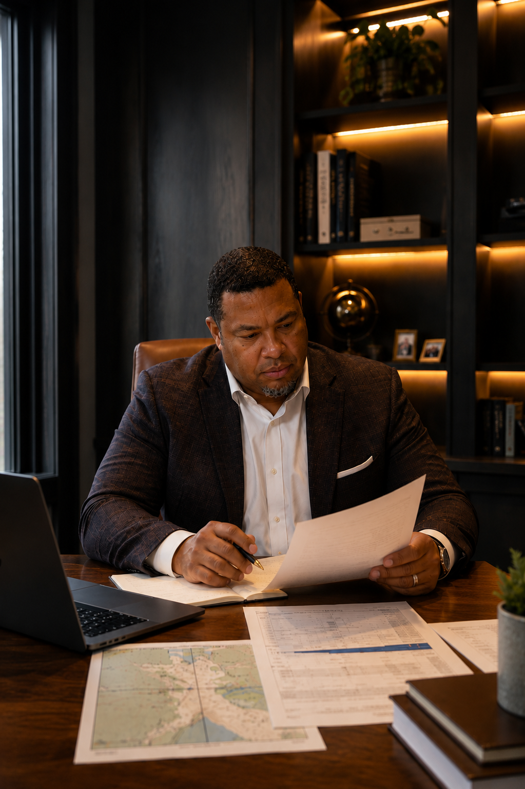 A man in business attire sitting at a wooden desk with a laptop, papers, and a map, reading a document in a modern office with dark wood shelves and framed photos.