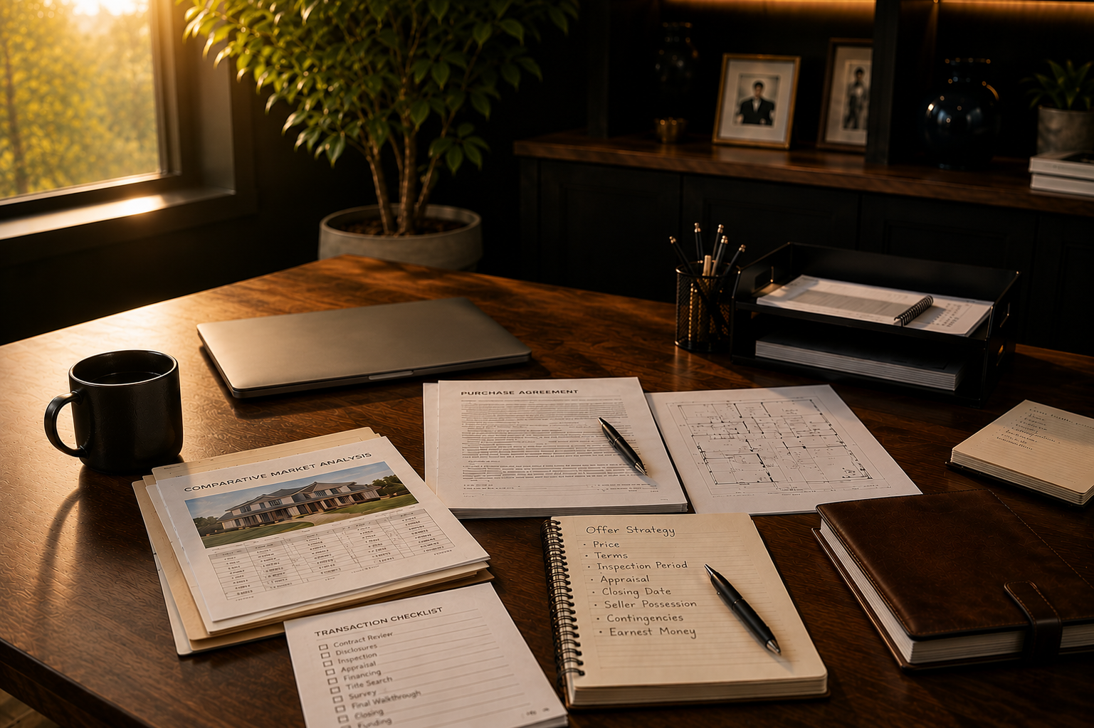A well-organized wooden desk in a sunlit office with documents, notebooks, a laptop, a black mug, pens, and a tray with papers, with a potted plant and framed photos in the background.