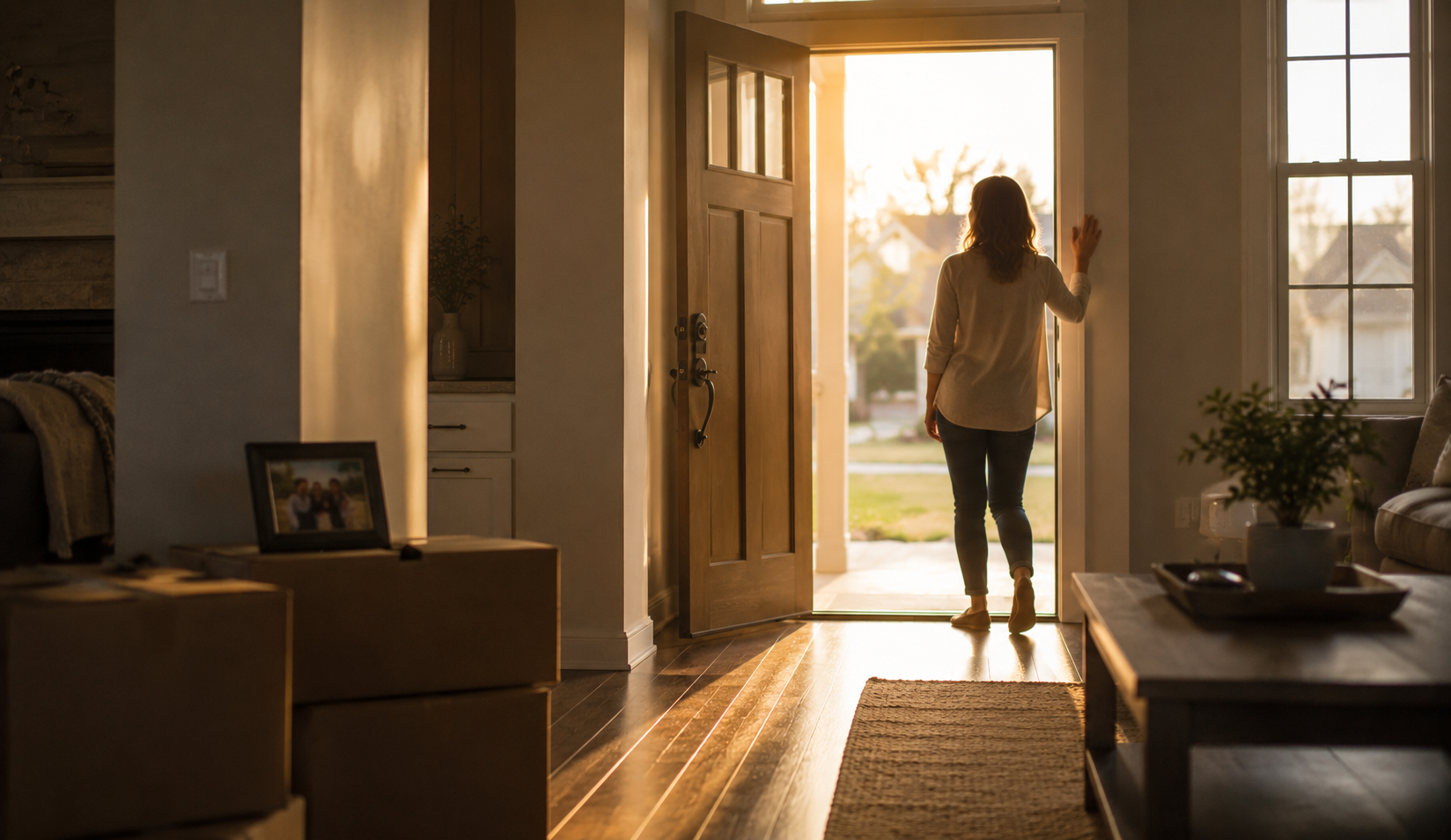 A woman walking out of a house into the sunset, viewed from inside a living room with a table, a potted plant, and windows.