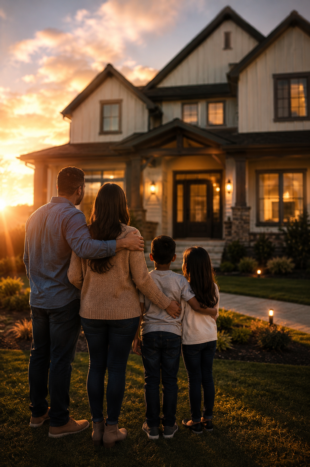 A family of four stands together outside their house at sunset, facing away from the camera. The house is a two-story home with warm lighting shining through the windows, surrounded by well-kept garden and pathway lights.